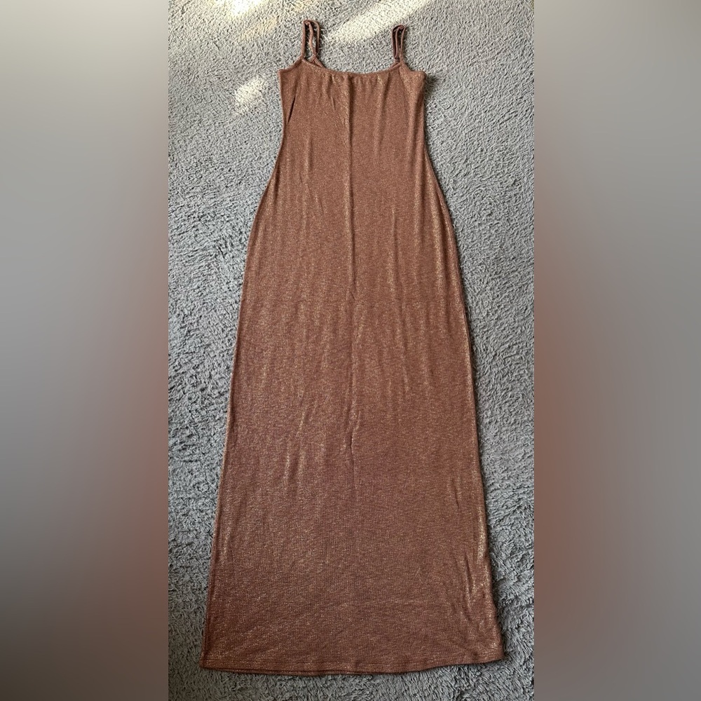 Aerie full length brown and gold maxi dress adjustable straps, size M